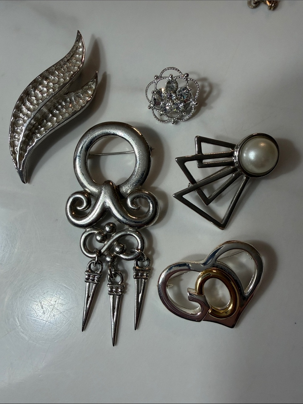 Mixed Vintage Silver-Tone Brooches with Pearl and Rhinestone Accents